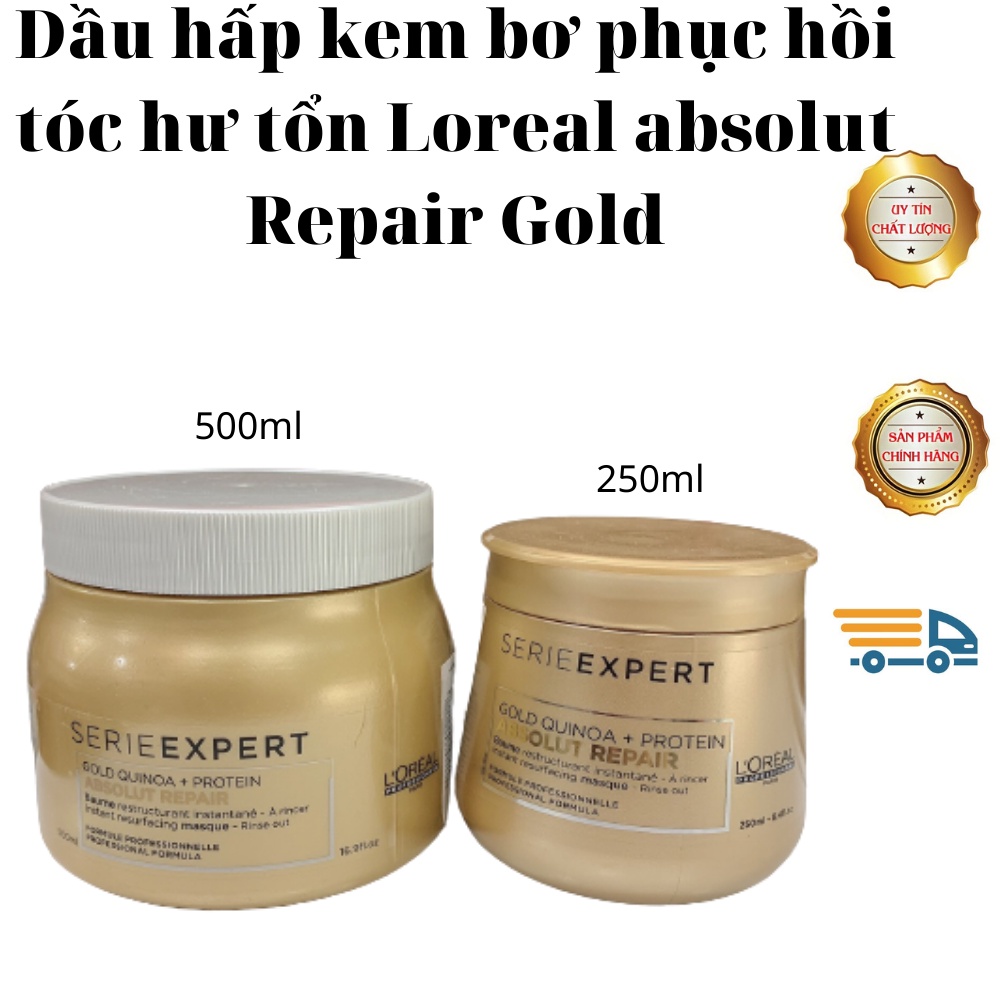 [mẫu mới]Dầu hấp kem bơ phục hồi tóc hư tổn Loreal absolut Repair Gold 250ml/500ml (hàng chính hãng)