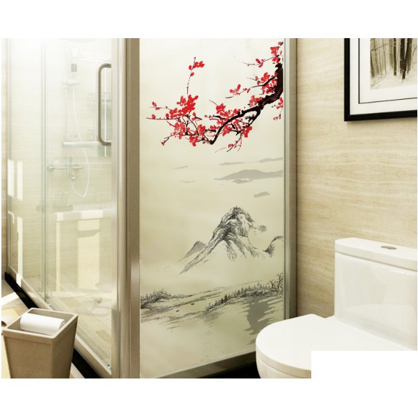 Decal dán kính cao cấp - Phong Thủy Sông Núi và Cành Mai đỏ hữu tình ( 60x116cm )