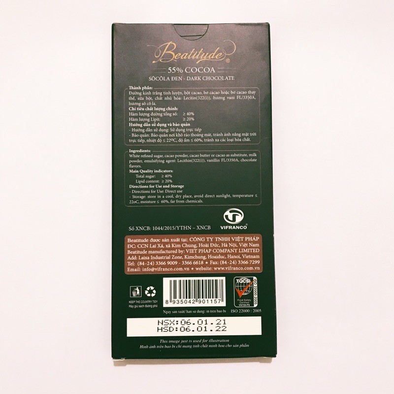 Socola đen Beatitude 55% cacao thanh 100g