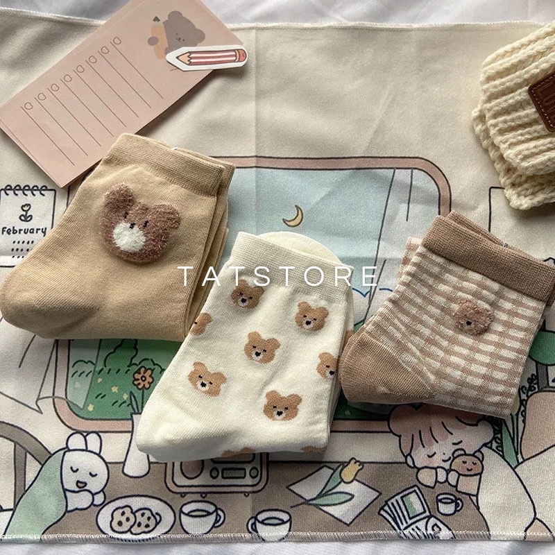 Tất nữ cổ cao vớ nữ cute phong cách vintage màu nâu hình gấu chất vải đẹp TẤT STORE 10CCF3