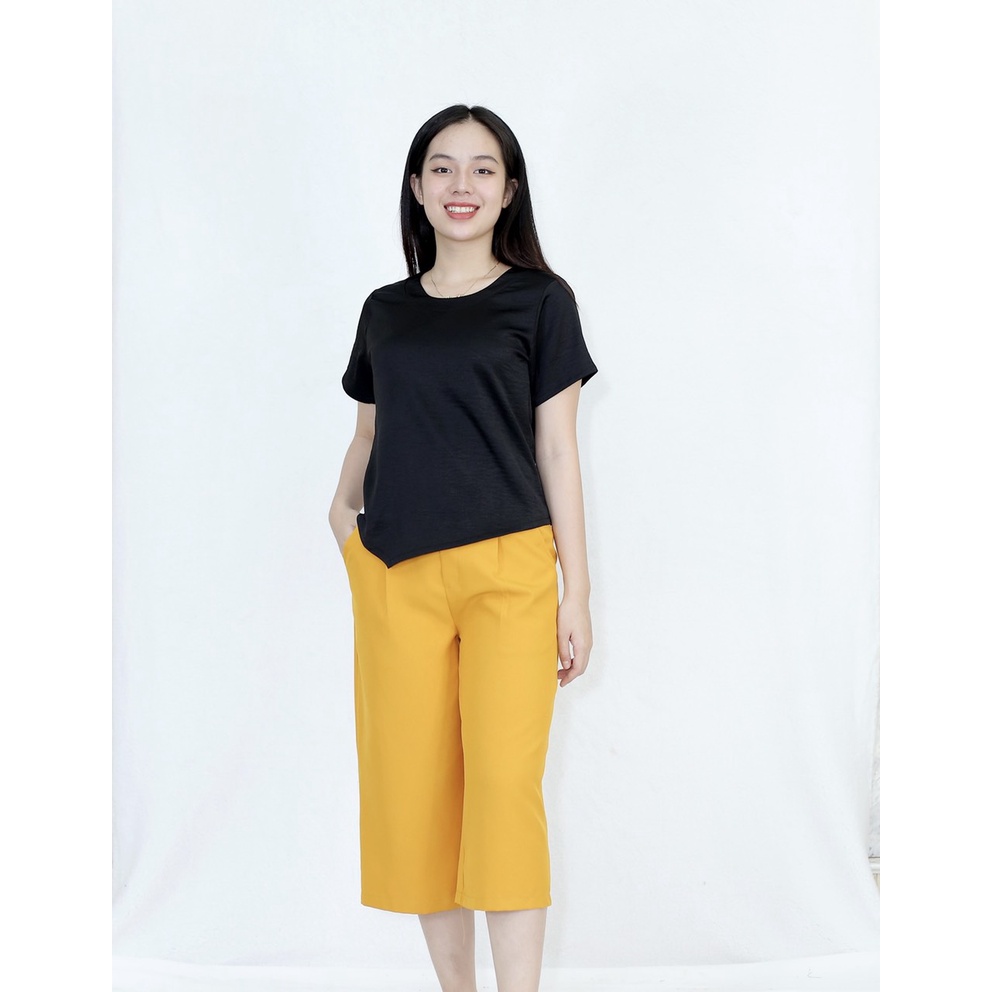 Bộ đồ lửng ÁO XÉO VẠT QUẦN TÂY LƯNG SAU CHUN (QUẦN VÀNG ÁO ĐEN và QUẦN VÀNG ÁO TRẮNG) - Quần vải mango áo vải lụa