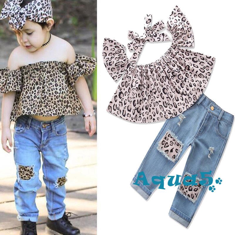 Set Áo Trễ Vai Họa Tiết Da Báo+Quần Jeans Dài+Băng Đô Cài Tóc Cho Bé Gái 2019