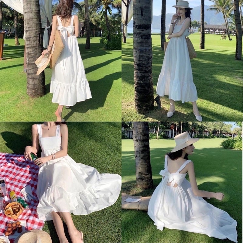 Đầm Maxi Trắng Đi Biển Hai Dây Có Lót Trong Cột Nơ Sau Lưng- Mẫu Hot Trend 2021