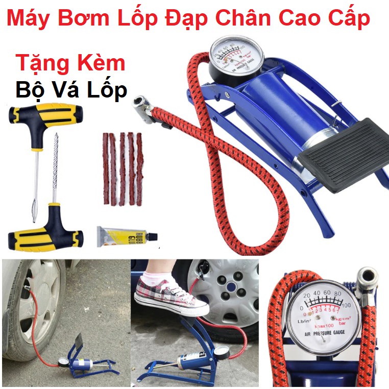 Bơm Lốp Ôtô - Xe Đạp - Xe Máy - Bơm Hơi Đạp Chân Mini Nhỏ Gọn Tiện Lợi - Tặng Kèm Bộ Vá Lốp 5 Miếng Vá - Hàng Loại 1