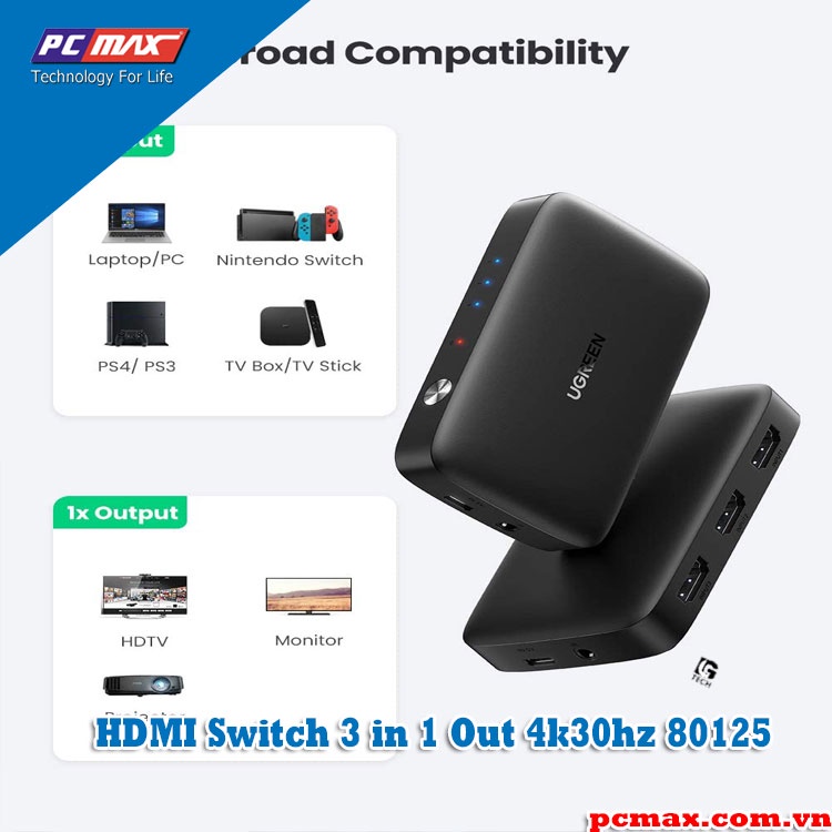 Switch gộp HDMI 3 vào 1 Full HD  4k/30hz Ugreen 40234 80125 - Hàng chính hãng