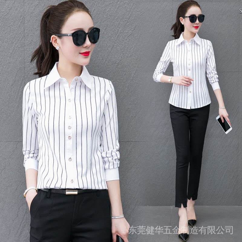 Áo Sơ Mi Dài Tay Họa Tiết Sọc Dọc Trắng Đen Thanh Lịch Dành Cho Nữ