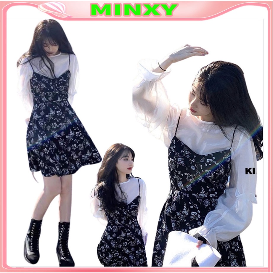 Váy hai dây hoa nhí có cúp ngực mic áo somi tay bồng tiểu thư bánh bèo hàng đẹp có size by Minxxy