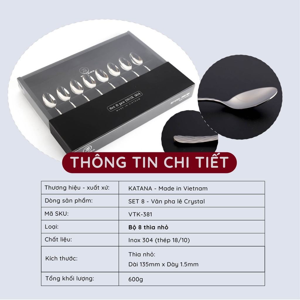 Set 8 thìa uống trà, cafe cao cấp inox 340 KATANA Elegance - chống bám vân tay - VTK381