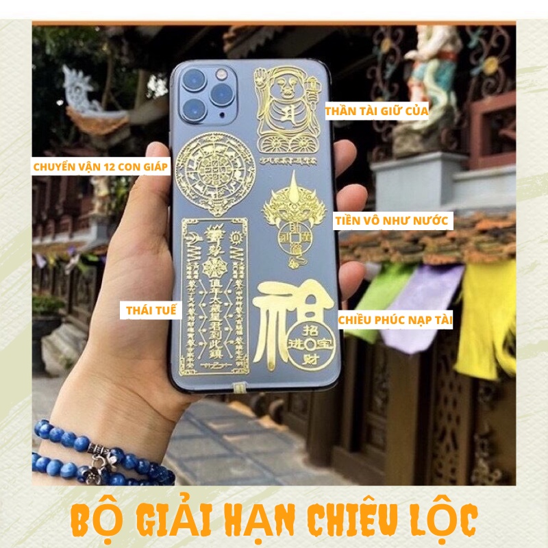 SET 5 miếng dán điện thoại tài lộc GIẢI HẠN CHIÊU TÀI LỘC phong thủy may mắn, dùng để bóp ví. TẶNG KHĂN LAU 1 2