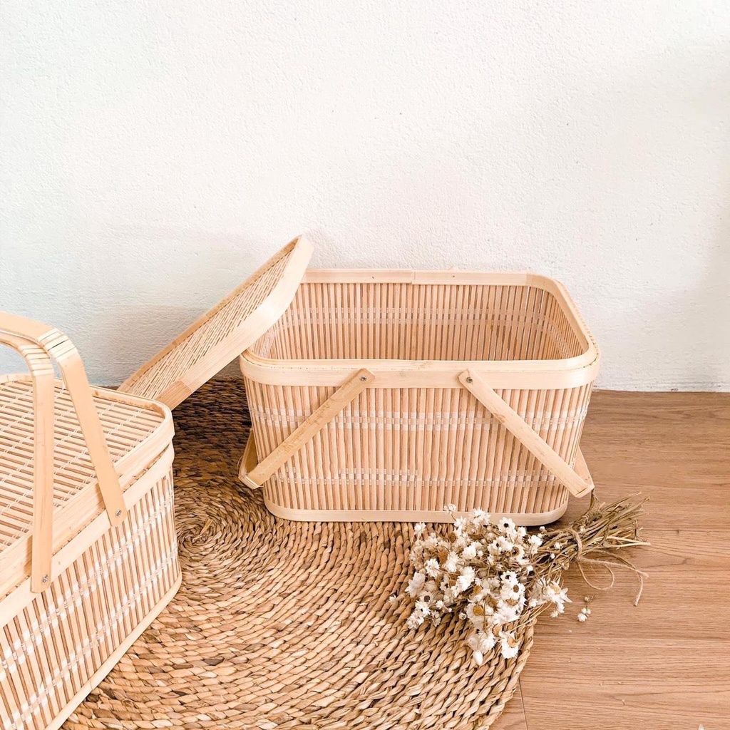 Giỏ picnic mây tre đan hình chữ nhật có quai và nắp vintage. Giỏ đựng đồ bánh kẹo quà Tết trái cây hoa quả