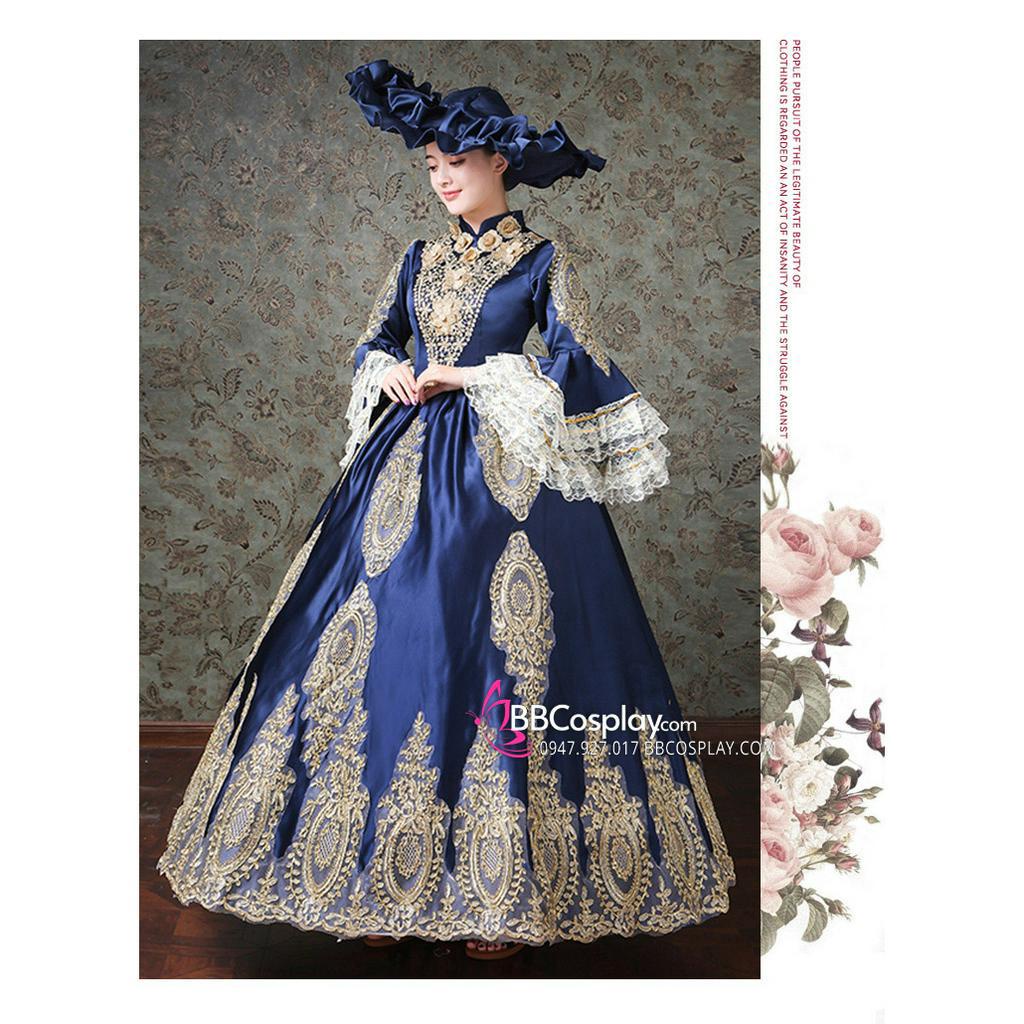Đầm Bá Tước Châu Âu Xanh Navy Phối Ren 17Th Century - 1980