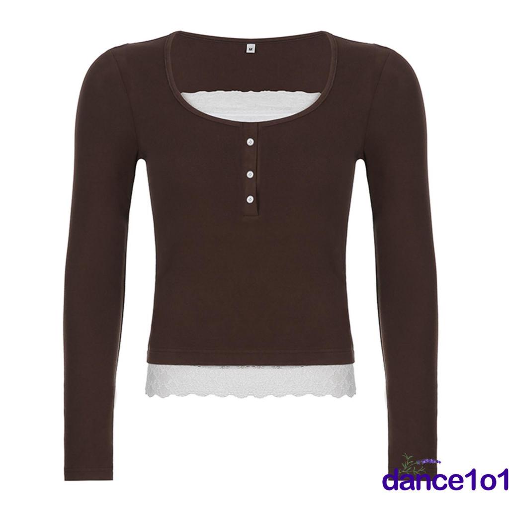 Áo thun tay dài cổ chữ U phối ren phong cách vintage thời trang cho nữ