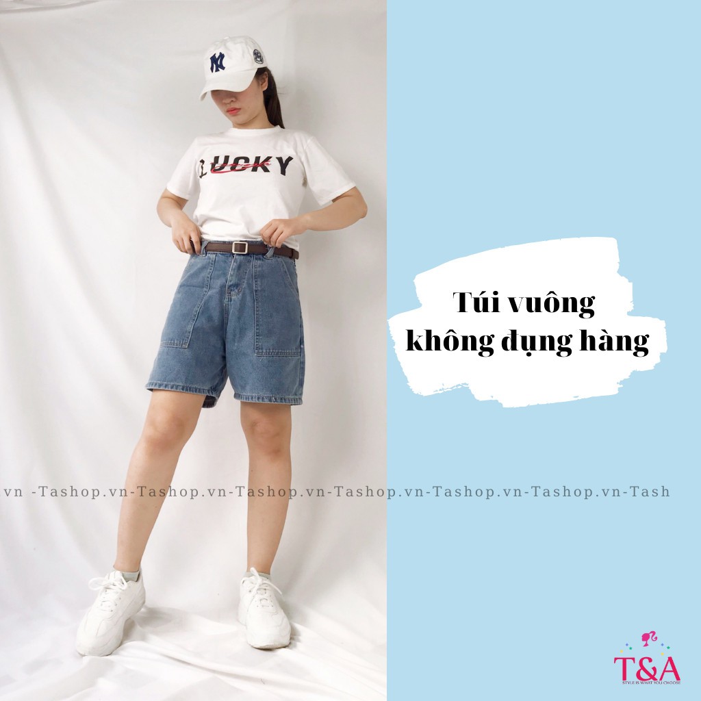 Quần Shorts Jeans Nữ Ống Rộng Túi Vuông Màu Xanh Nhạt Kèm Đai Nhân Cá Tính - 518