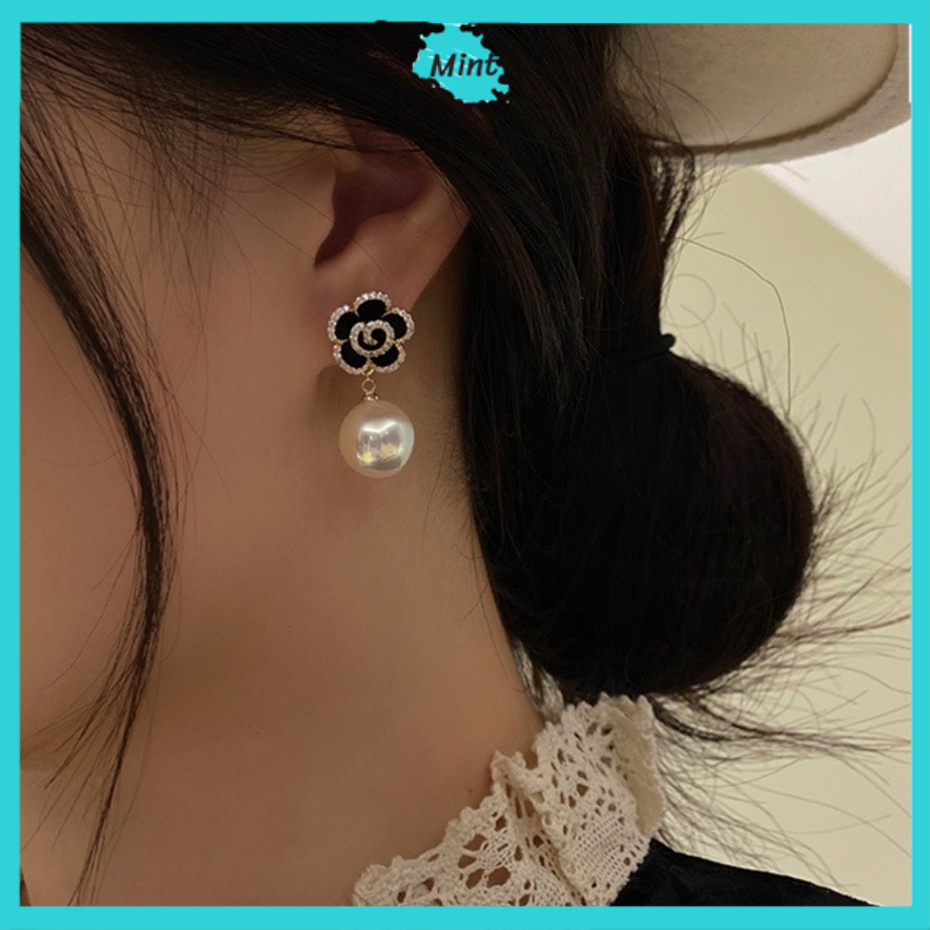 Bông Tai Hoa Hồng Đen ❤️KHÔNG GÂY DỊ ỨNG❤️ Bông Tai Nữ Chuôi Bạc S925 Sang Chảnh Phong Cách Pháp