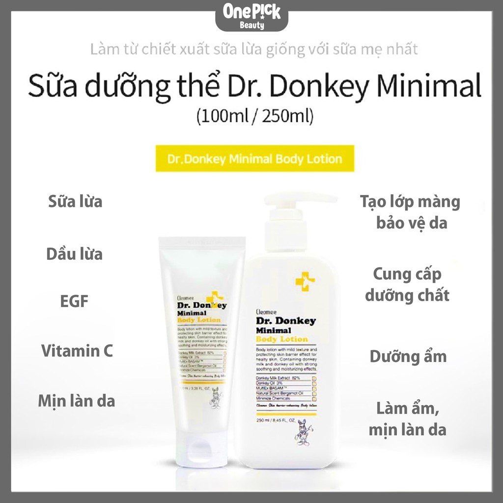 Sữa dưỡng Dr.Donkey chiết xuất sữa lừa, dầu lừa và thành phần tự nhiên, giúp dưỡng ẩm làn da khỏe mạnh [Dr.Donkey  Body Lotion 100ml - 200ml]