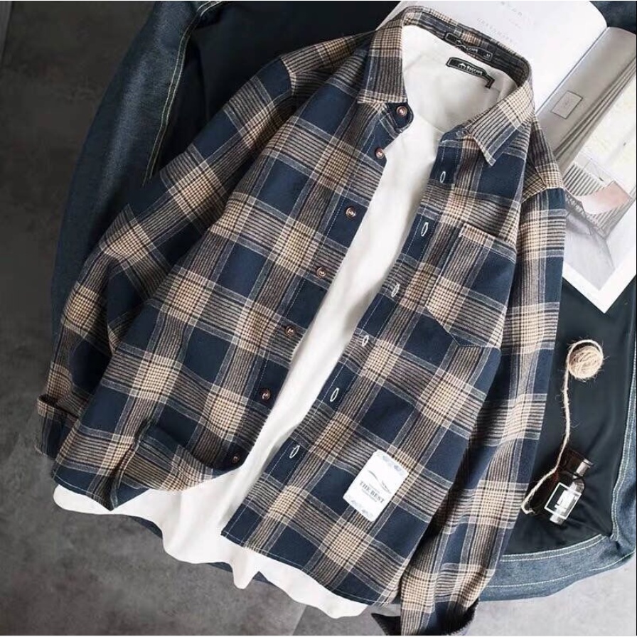 Áo Khoác Sơ Mi Caro Tay Dài Dáng Rộng Trẻ Trung Phong Cách Hàn Quốc Cho Nam