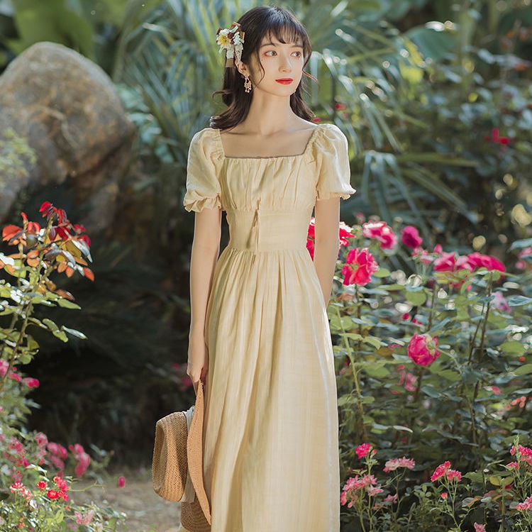 Đầm Ôm Eo Màu Vàng Ngọt Ngào Phong Cách Pháp Cổ Điển Thời Trang Mùa Hè Cho Nữ