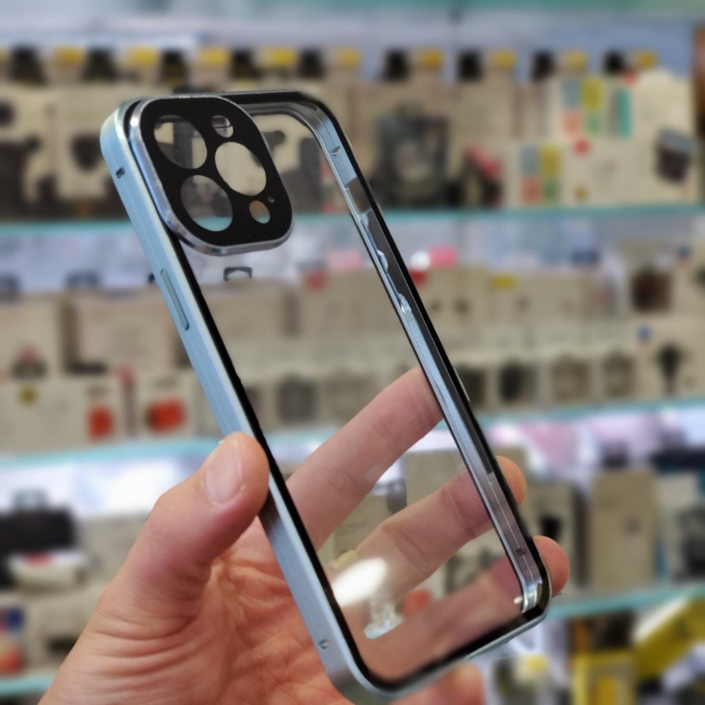 Ốp lưng hít nam châm 2 mặt kính cho iPhone 13, 13 Pro, 13 Pro Max Khung viền nhôm màu cao cấp bảo vệ camera lưng trong