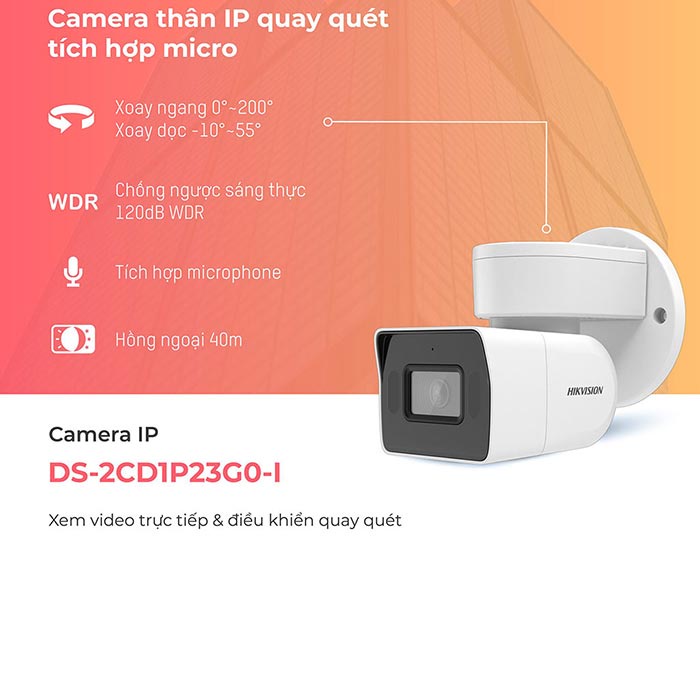 Camera Hikvision IP thân trụ quay 200 độ có mic, có POE DS-2CD1P23G0-I 1P23 (chính hãng)