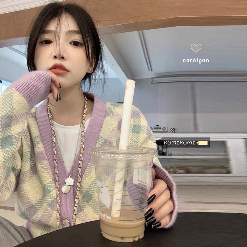 Áo khoác len cảdigan kẻ màu tím chất dày dặn trẻ trung ngọt ngào ulzzang Hàn Quốc