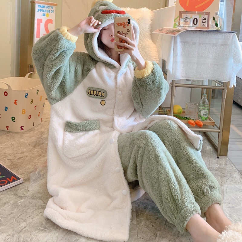 Áo Choàng Ngủ Dáng Dài Chất Nỉ Dày Dặn Phong Cách Hàn Quốc Dễ Thương Thời Trang Thu Đông Cho Nữ | BigBuy360 - bigbuy360.vn