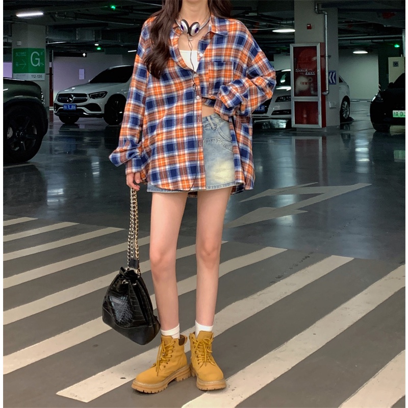 ZHELIHANGFEI Áo Sơ Mi Caro Tay Dài Dáng Rộng Trẻ Trung Hợp Thời Trang Cho Bạn Gái