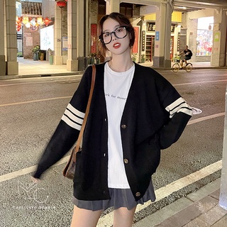 (Sẵn)Áo khoác len Cardigan màu đen kẻ ba vạch ở tay phong cách đơn giản Hàn Quốc [MinC.Studio - MCAK007]