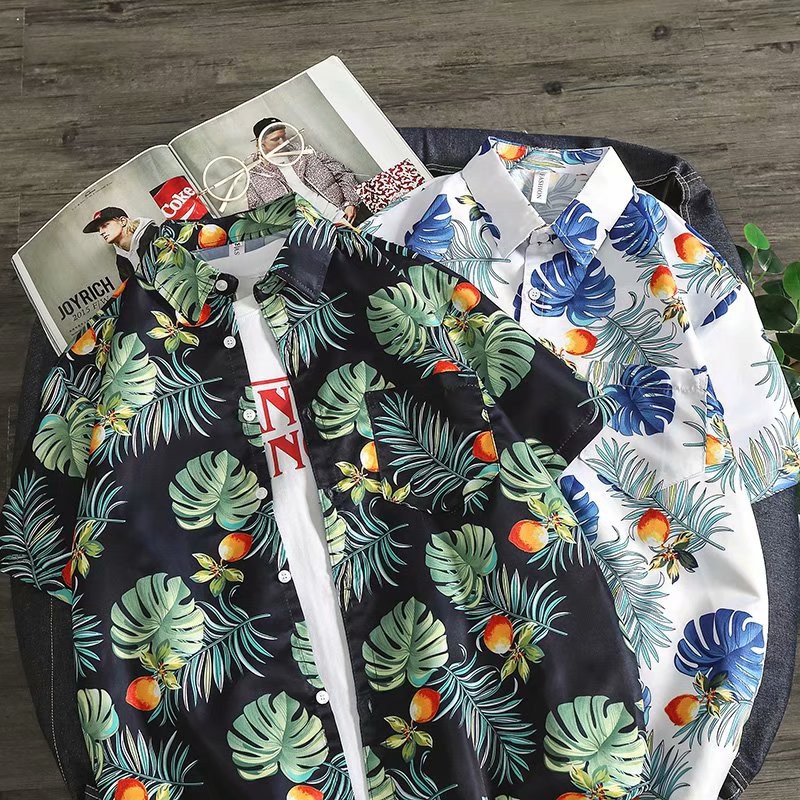 Hawaiian beach style leaf print shirt for men