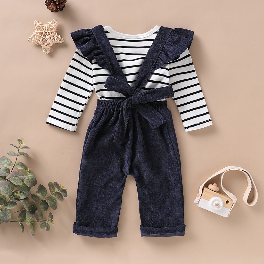 Bộ trang phục MIKRDOO áo tay dài hoạ tiết kẻ sọc và quần có dây đeo vai cotton thời trang mùa thu xinh xắn cho bé gái