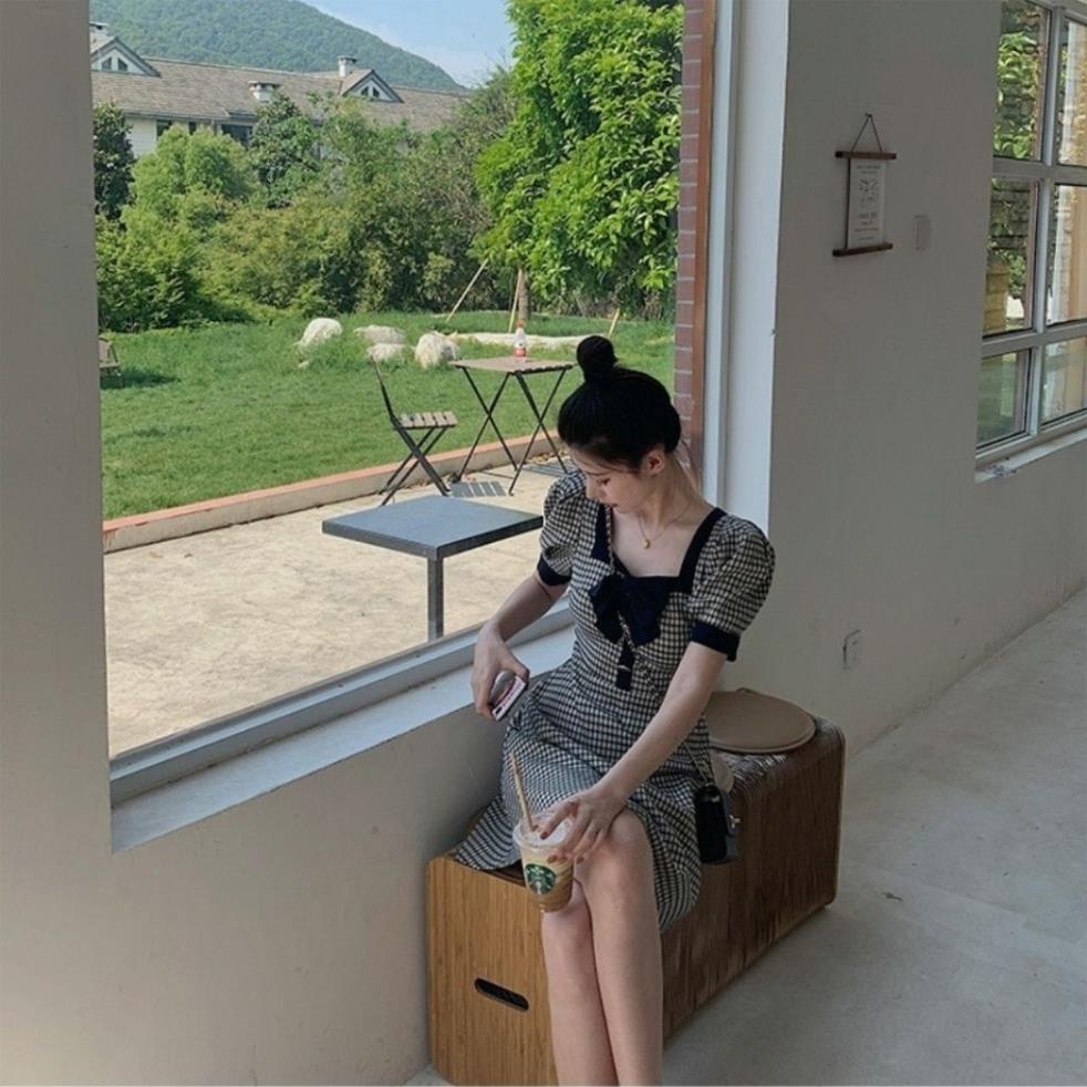 Váy Nữ Ngắn , Đầm Dáng Xòe Kẻ Caro , Cổ Vuông Đính Nơ ,Tay Bồng Thời Trang Công Sở Quảng Châu Cao Cấp -9sd