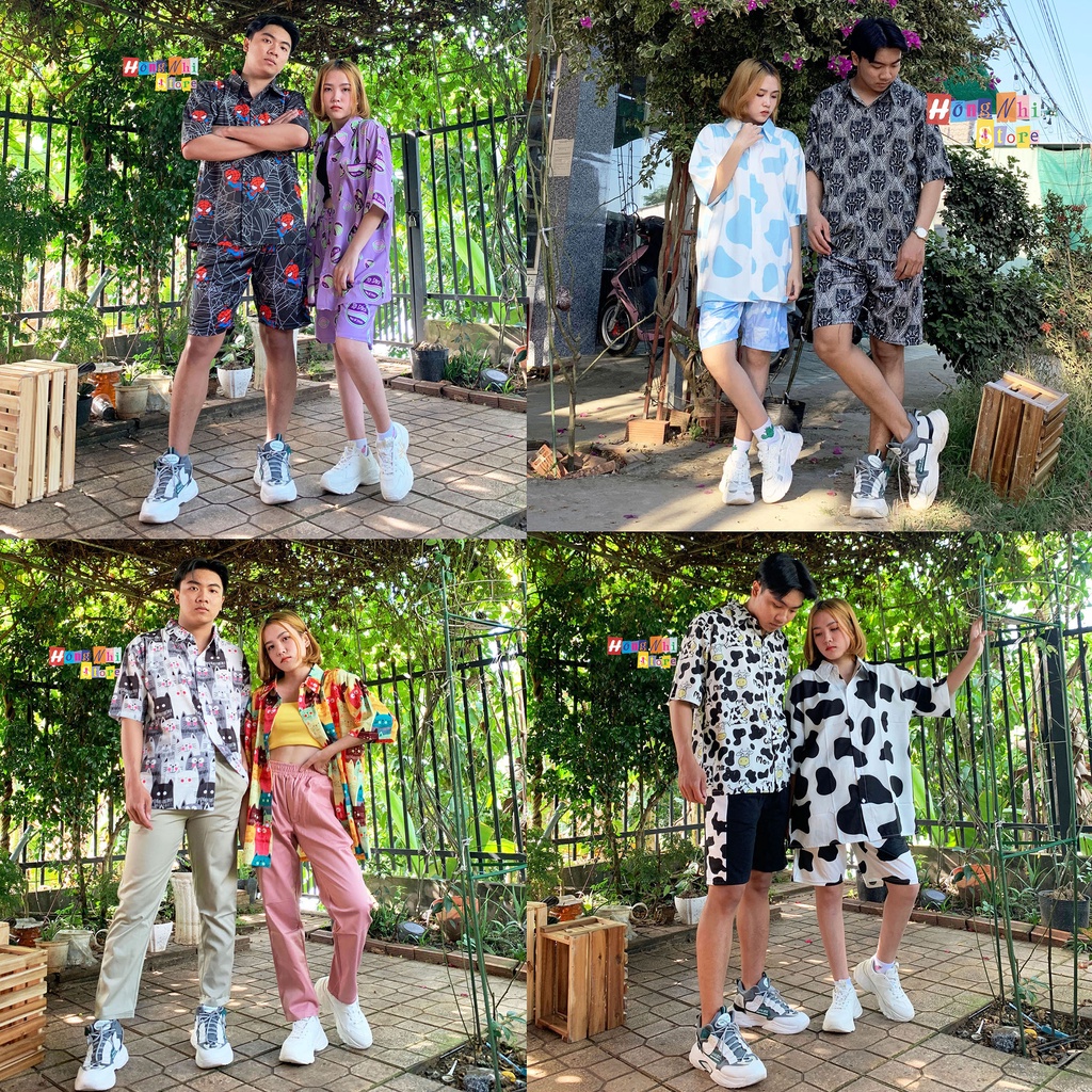 Áo Sơ Mi Họa Tiết Đi Biển Hoạt Hình Tay Lỡ Dáng Rộng Ulzzang Unisex - MM