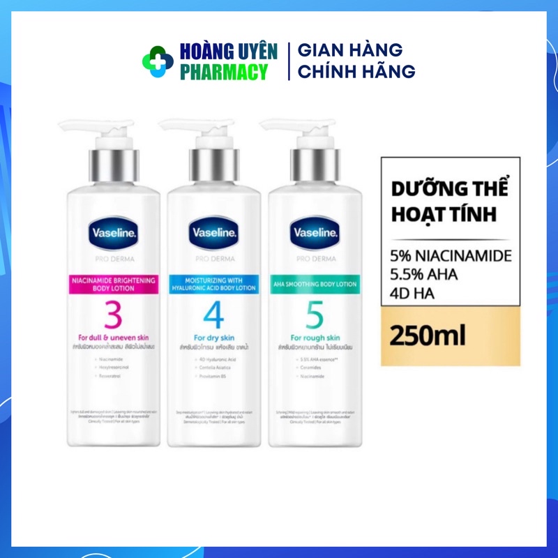 Dưỡng thể hoạt tính Vaseline Pro Derma Niacinamide/HA/AHA 250ml