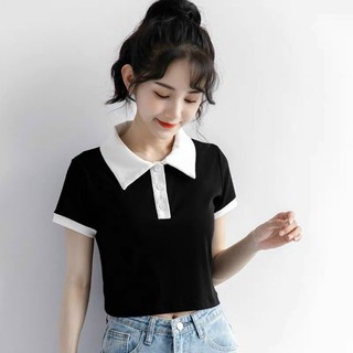 Áo Croptop Tay Ngắn Phối Màu Trắng Đen Áo Kểu Dễ Phối Với Các Loại Quần Ống Suông Quần Baggy Kiểu Dáng Cá Tính Dễ Thương