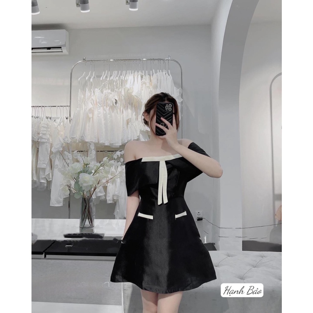 Váy tafta trễ vai nơ ngực 2 túi