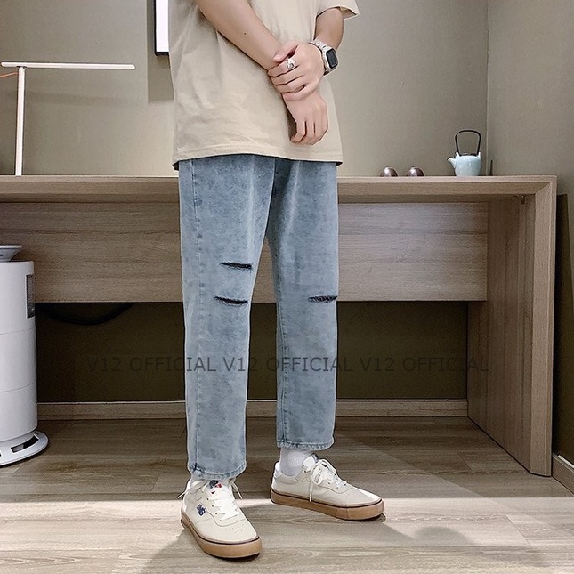 Quần jeans rách gối phong cách Hàn Quốc , ống đứng , form baggy không phai màu , hiphop V2