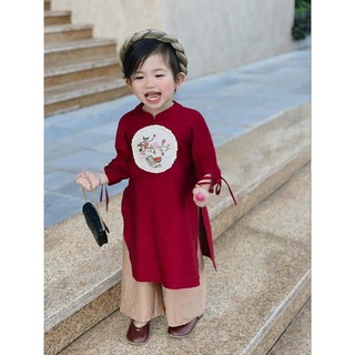 Áo dài cách tân bé gái thêu hoa dễ thương chất linen cao cấp - L03
