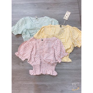 Áo caro kiểu cổ v form croptop phối bo tay và eo siu xinh tts0507