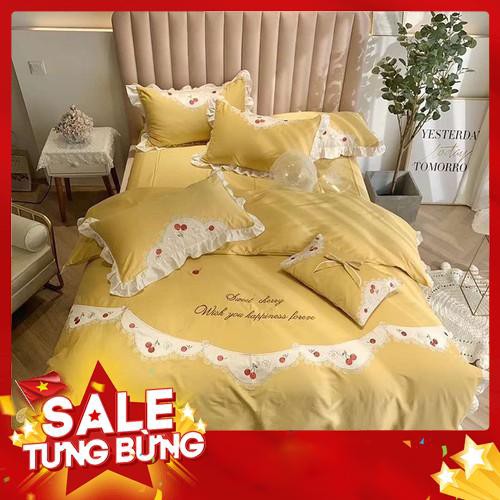 Bộ chăn ga gối , drap giường chất vải Lụa 60s họa tiết Cherry vàng