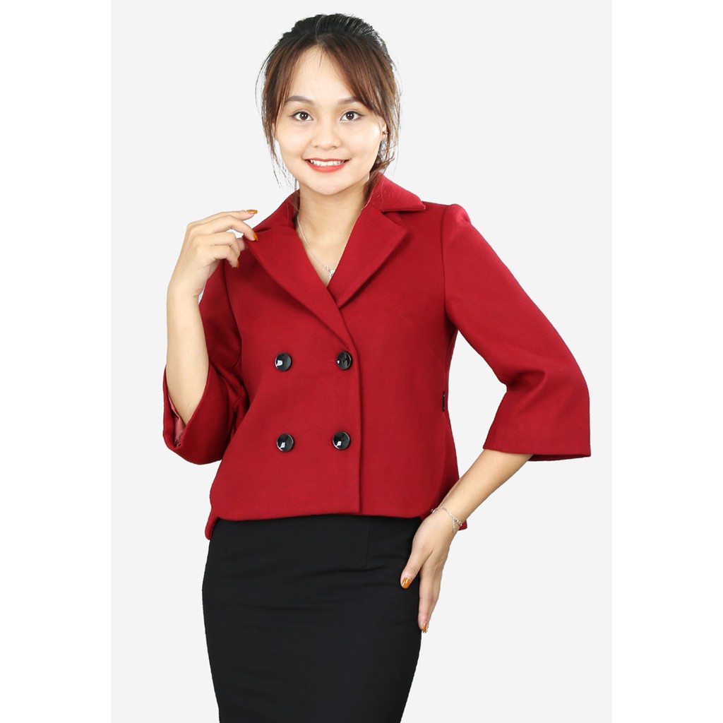 Áo khoÁC lửng 2 lớp dạ lì đỏ đô tay lỡ vạt tròn 4 khuy cổ 2 ve The One Fashion AVB0701DD