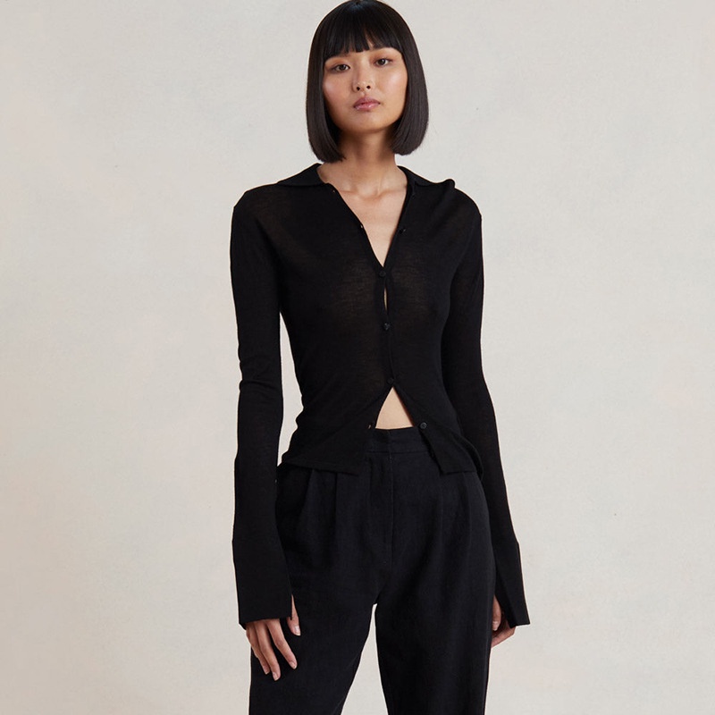 Áo Sơ Mi Tay Dài Cổ Bẻ Xẻ Tà Phối Nút Thời Trang Đường Phố Cho Nữ