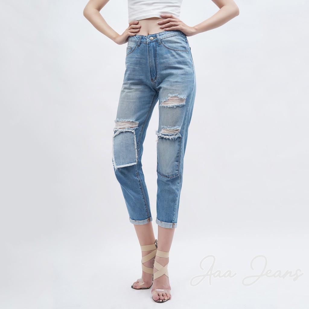 Quần Jean Baggy Nữ Lưng Cao Aaa Jeans Rách Màu Xanh Nhạt