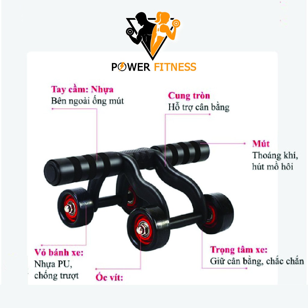 Con lăn tập cơ bụng 4 bánh kèm thảm dụng cụ tập gym tại nhà cho nam nữ Power Fitness A3001