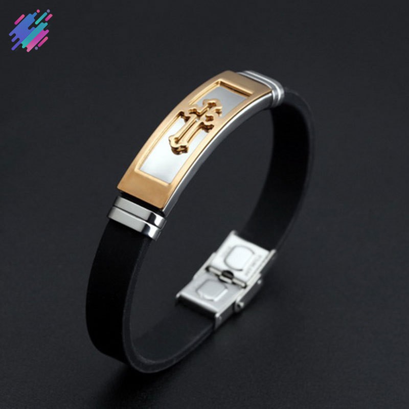 Vòng tay nam thiết kế trang trí chữ thập bằng thép titan