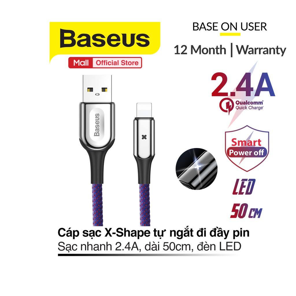 Cáp sạc Baseus X-Shape USB to Lightning, sạc nhanh 2.4A, tự ngắt, có đèn LED, dây bện dù chống đứt, dài 50cm