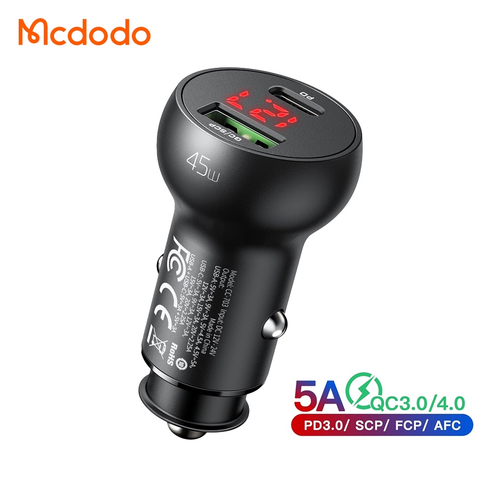 5A Tẩu sạc nhanh trên ô tô MCDODO 2 cổng (USB +Type) 45W Cho Xe Hơi