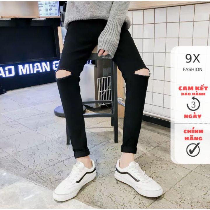 Quần Jean Nam Rách Gối Chất Co Giãn Mềm Mịn Màu Đen 9XFASHION-QJ50