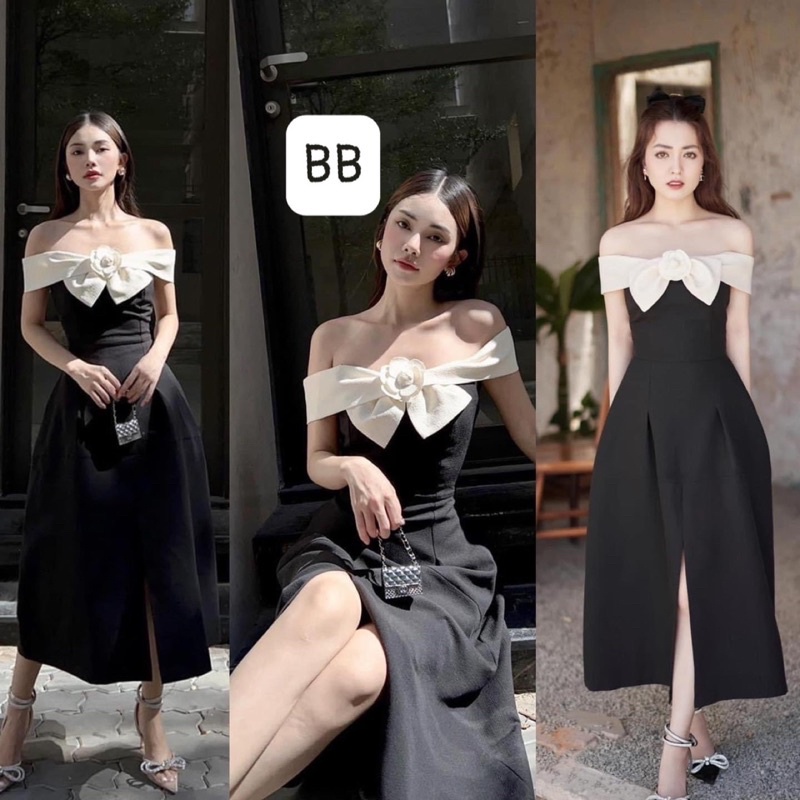 Đầm thiết kế.đầm dự tiệc hở vai dáng xòe phối hoa ngực cá tính