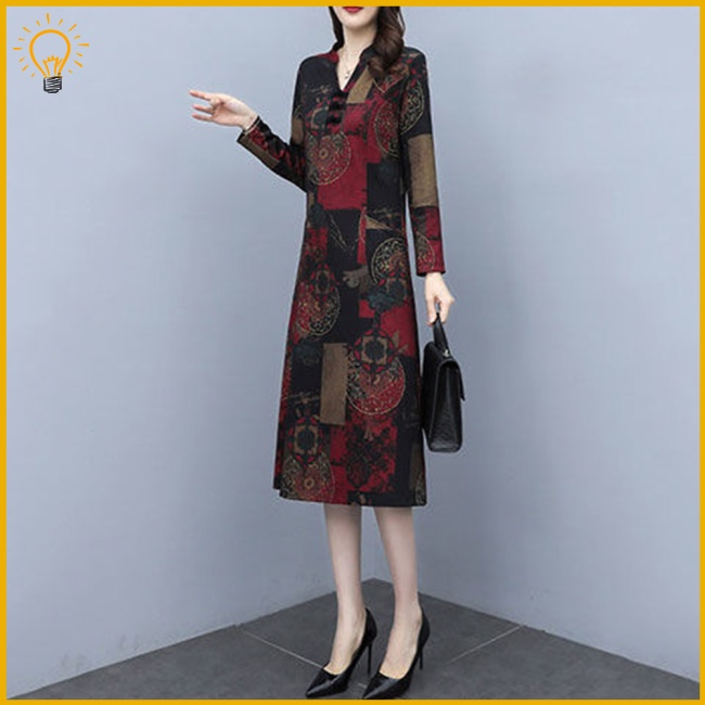 Đầm Dài Tay Cổ Chữ V Form Rộng In Họa Tiết Phong Cách Retro Dành Cho Nữ