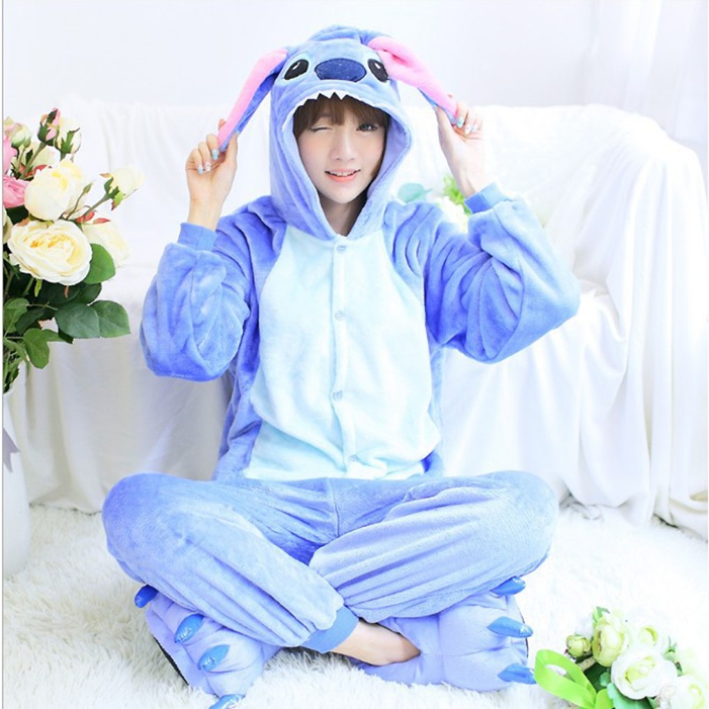 Bộ Đồ Thú Stitch Xanh, Hồng - Chất Nhung Mịn Cao Cấp