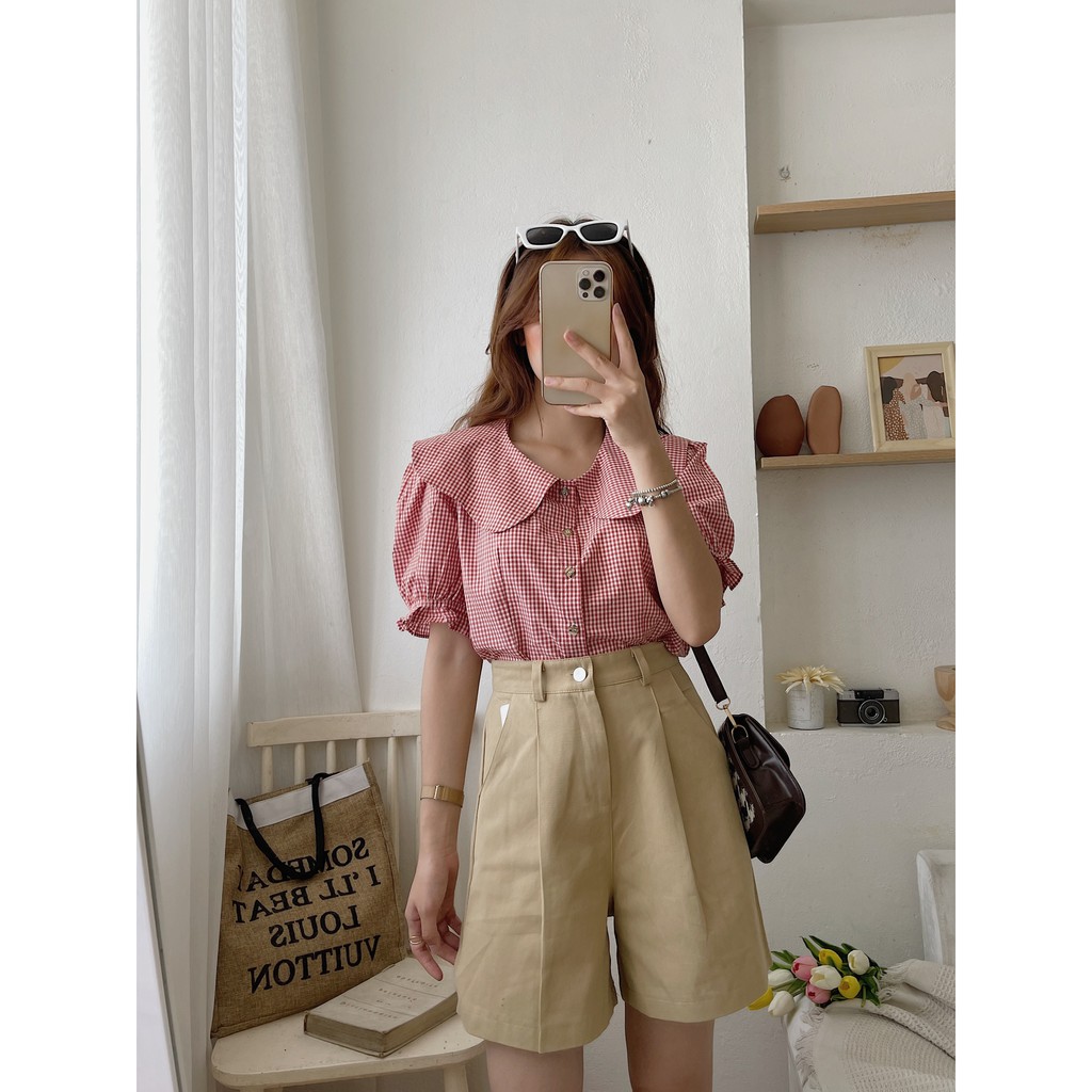 Áo kiểu caro cổ bèo chất vải mềm mịn lên form chuẩn Xonxen shop free size 76